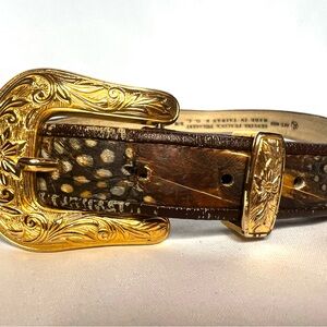 Vintage Genuine Peacock and Pheasant Feather Western Boho Belt Gold Buckle Small